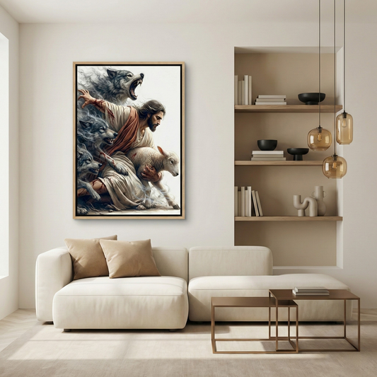 Jesus Protecting The Lamb I - Framed Canvas