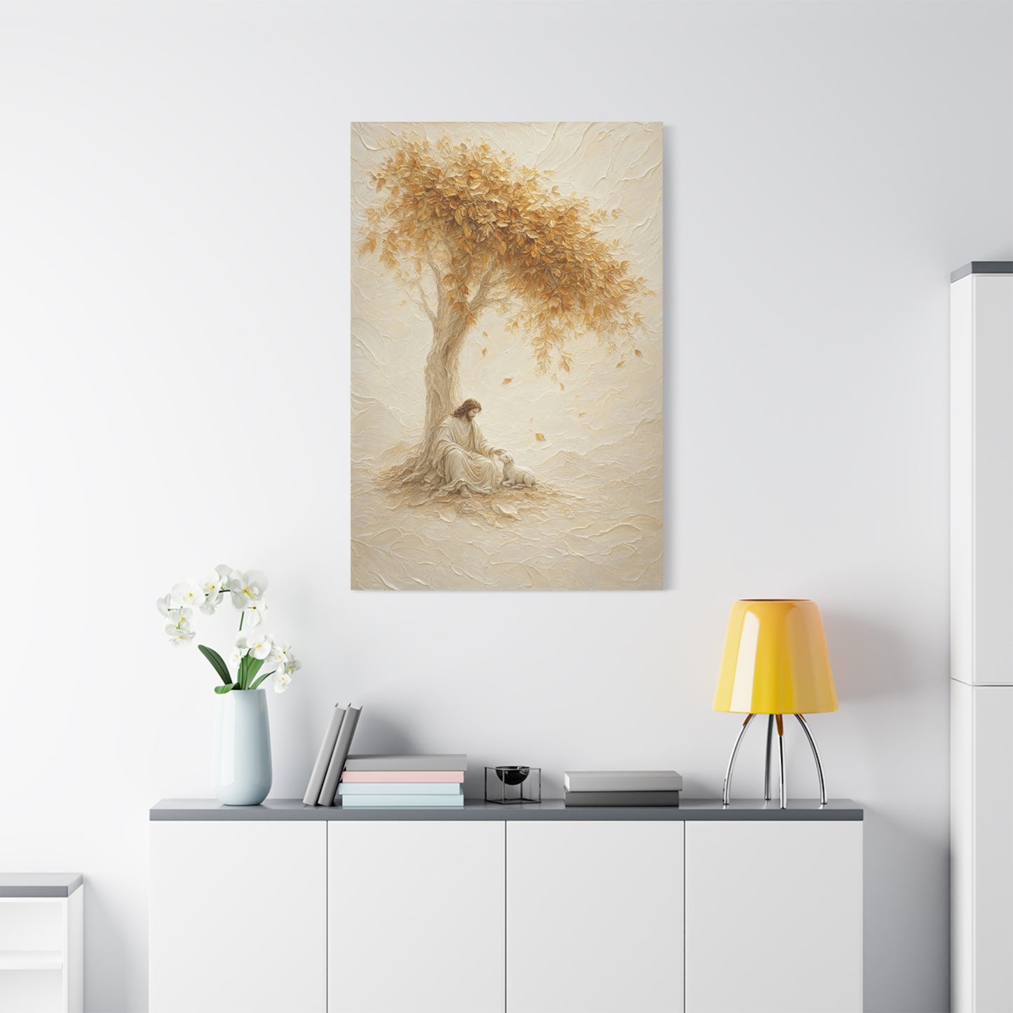 Jesus Beside The Lamb | Ivory Relief - Canvas