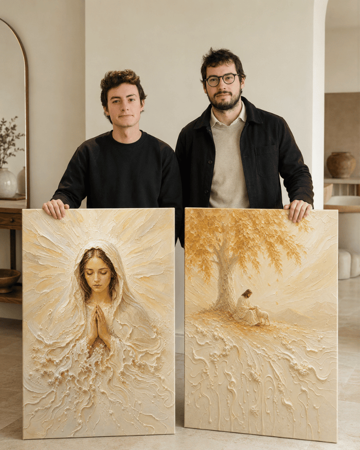 Sean and Scott, the founders of Jesus Creations, each holding one of their canvases