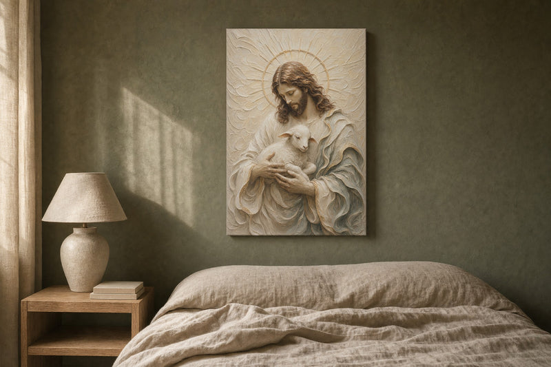 The Cradled Lamb canvas above a linen bed on a deep olive-green plaster wall