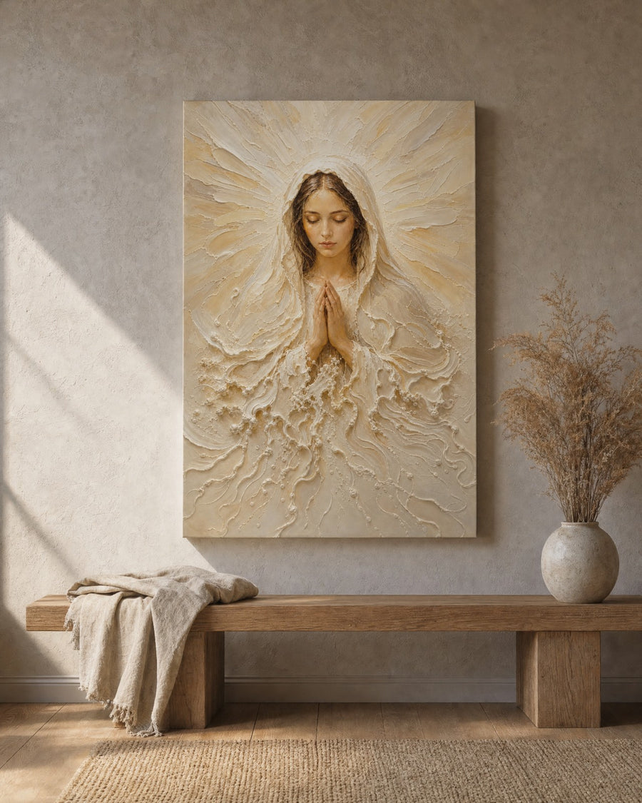 Madonna of Quiet Grace canvas above an oak bench on a stone-grey plaster wall