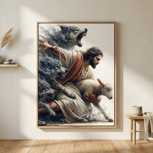Jesus Protecting The Lamb I - Framed Canvas