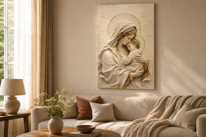 Madonna and Child II canvas above a cream sofa in a sunlit living room
