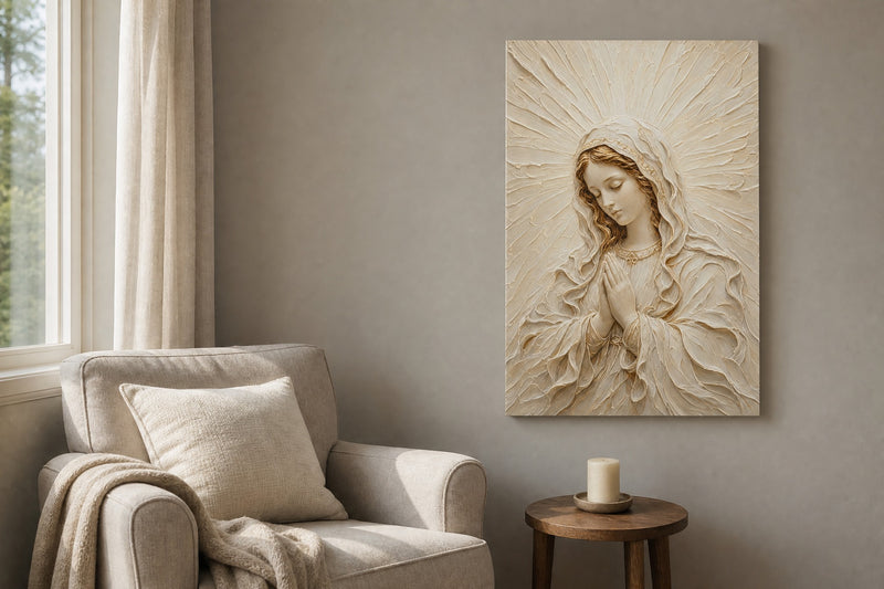 Madonna of Quiet Grace II canvas beside an armchair in a calm reading corner