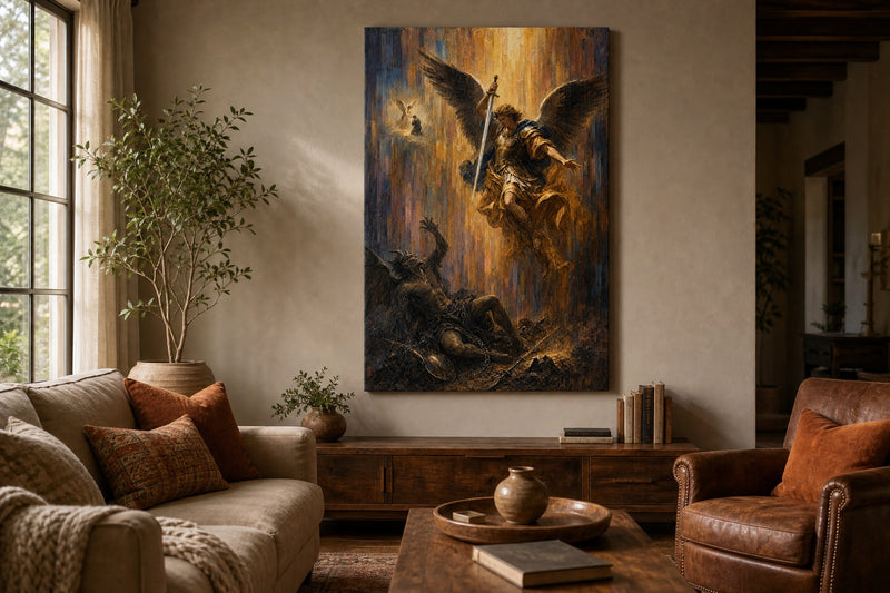 Michael Victorious, Sacred Tile, canvas above a wooden console in a warm living room