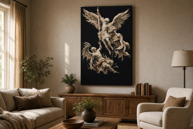 Michael Victorious, Cream Marble, canvas above a wooden console in a living room